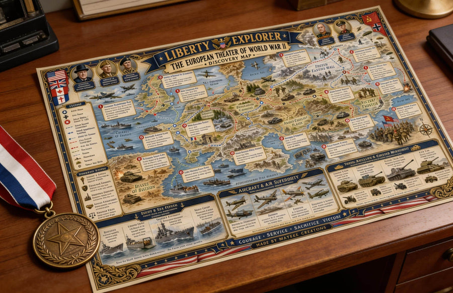 World War II Europe History Map & Guidebook, Military Classroom Art, Liberty Explorer Printable