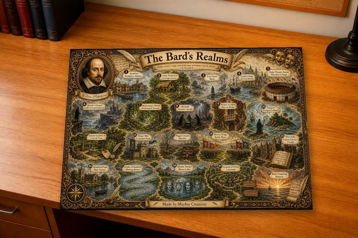 William Shakespeare Discovery Map & Guidebook, Famous Author Wall Art, Frontier Explorer Printable