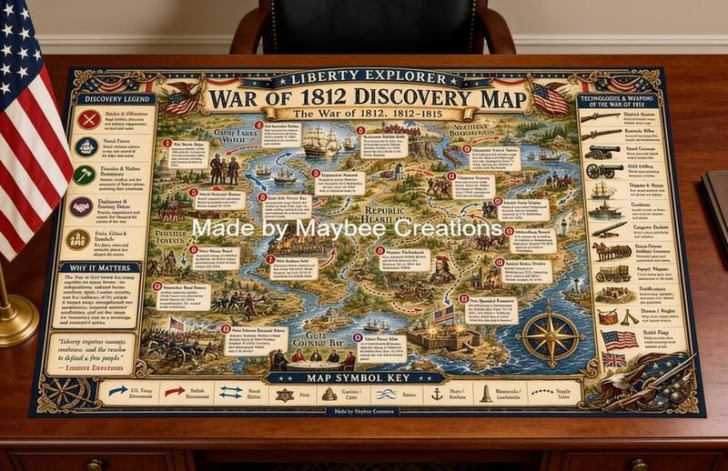War of 1812 History Map & Guidebook, Military Classroom Art, Liberty Explorer Printable