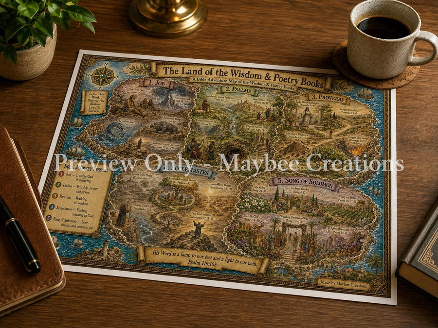 Wisdom and Poetry Bible Map & Guidebook, Christian Homeschool Art, Soul Explorer Printable