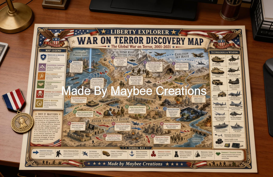 War on Terror History Map & Guidebook, Military Classroom Art, Liberty Explorer Printable
