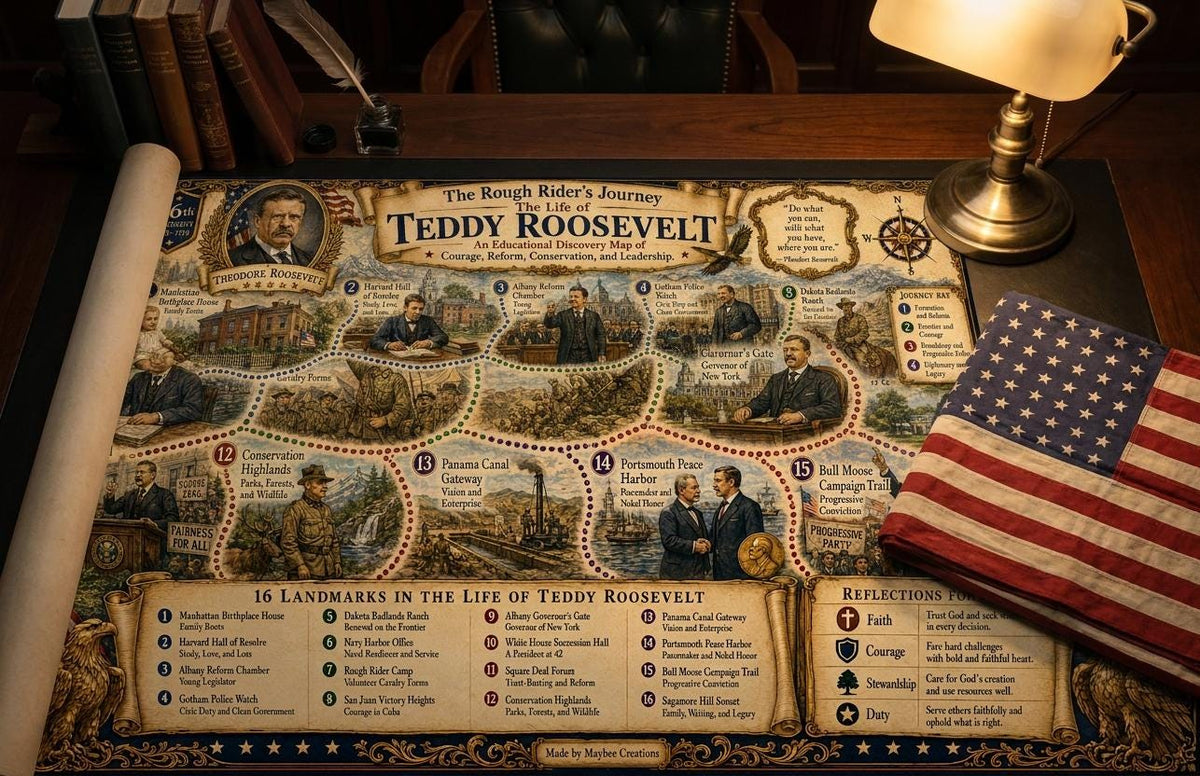 Teddy Roosevelt History Map & Guidebook, Presidential Classroom Art, Liberty Explorer Printable