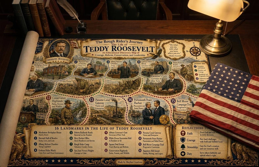 Teddy Roosevelt History Map & Guidebook, Presidential Classroom Art, Liberty Explorer Printable