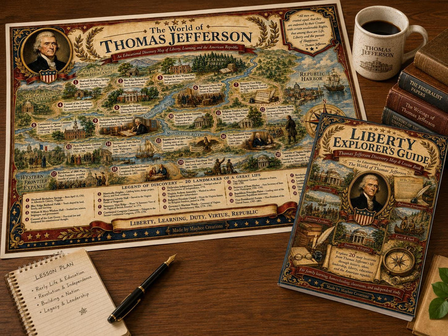 Thomas Jefferson History Map & Guidebook, Founding Father Wall Art, Liberty Explorer Printable
