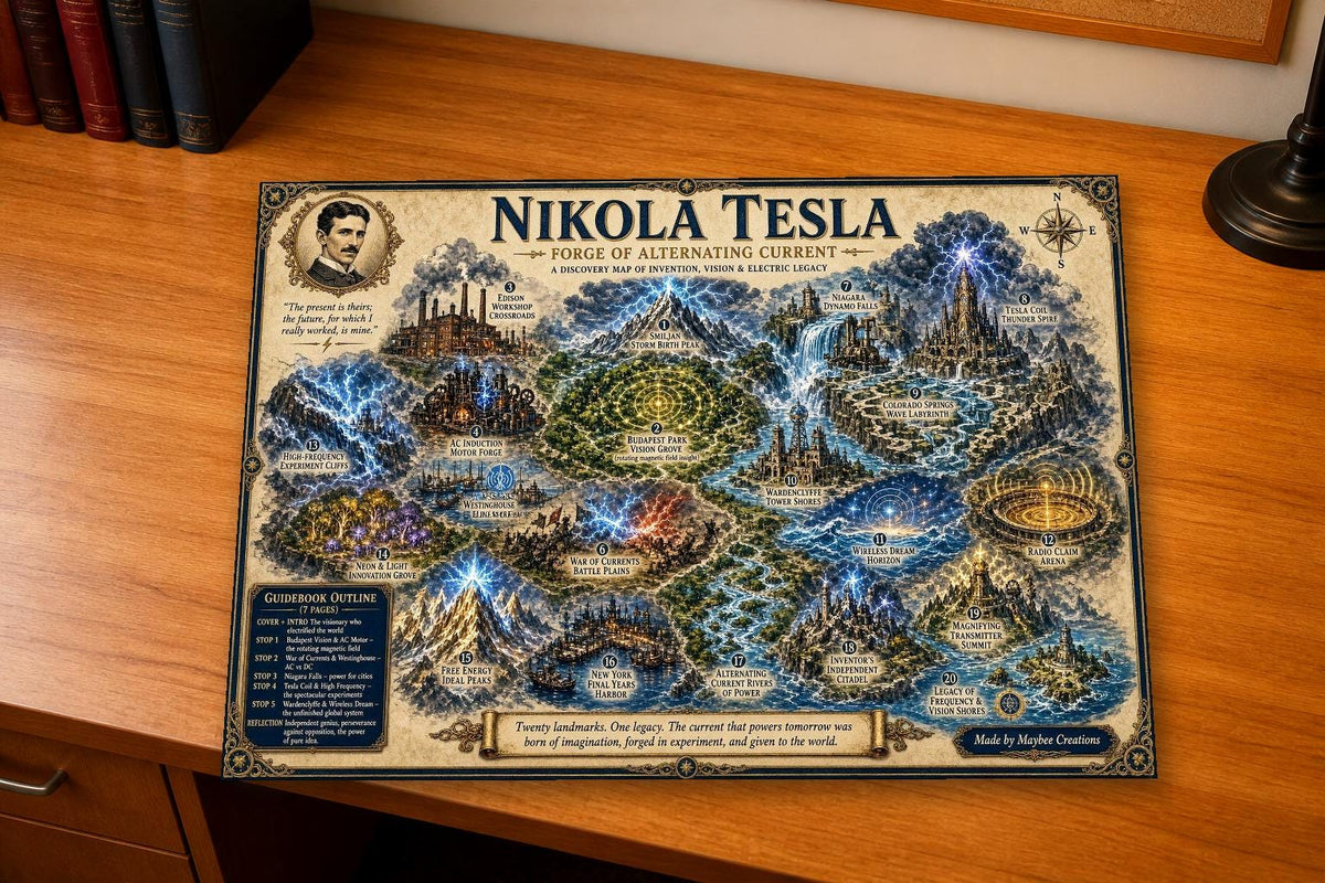 Nikola Tesla Discovery Map & Guidebook, Inventor History Art, Frontier Explorer Printable