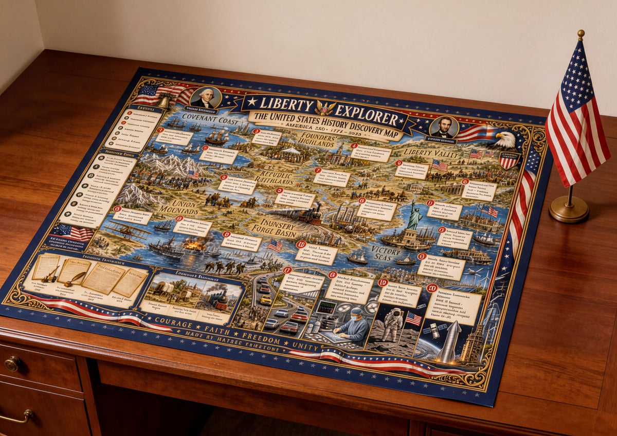 America 250 History Map & Guidebook, Patriotic Classroom Art, Liberty Explorer Printable