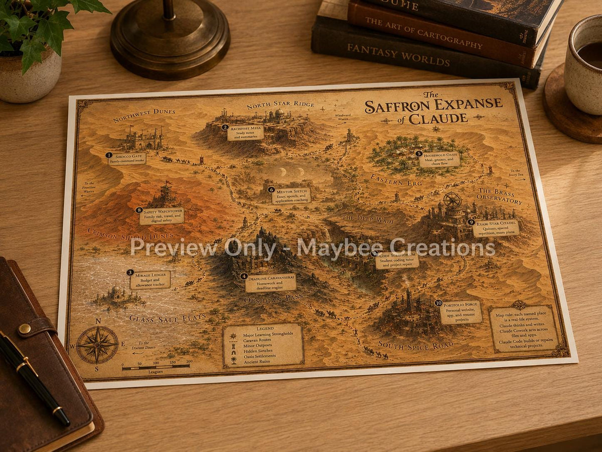Claude Tutorial Map & Guidebook, AI Learning Wall Art, Tomorrow Explorer Printable