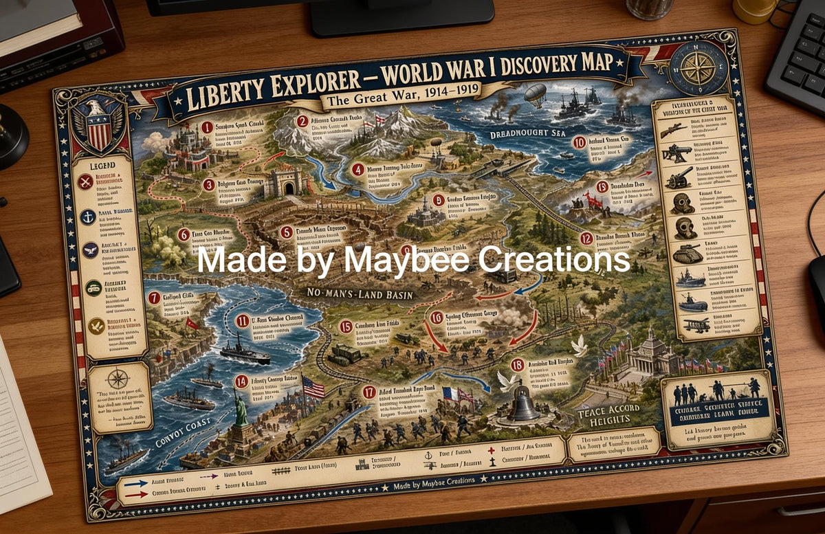 World War I History Map & Guidebook, Military Classroom Art, Liberty Explorer Printable