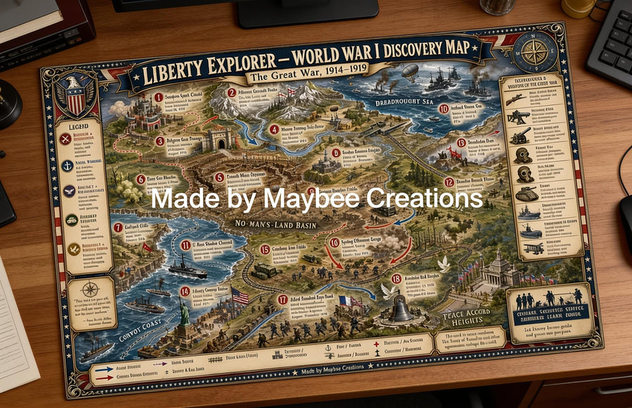 World War I History Map & Guidebook, Military Classroom Art, Liberty Explorer Printable