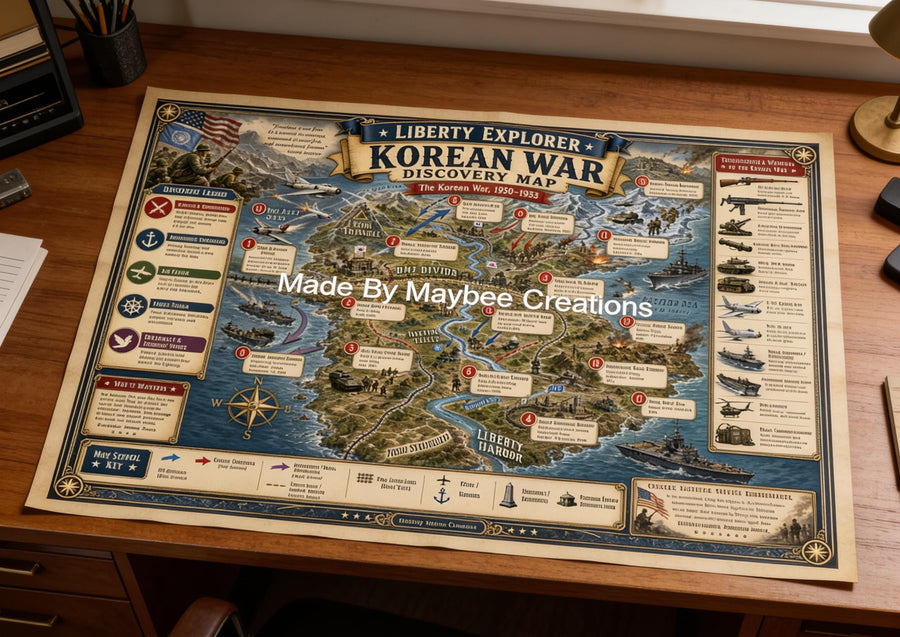Korean War History Map & Guidebook, Military Classroom Art, Liberty Explorer Printable