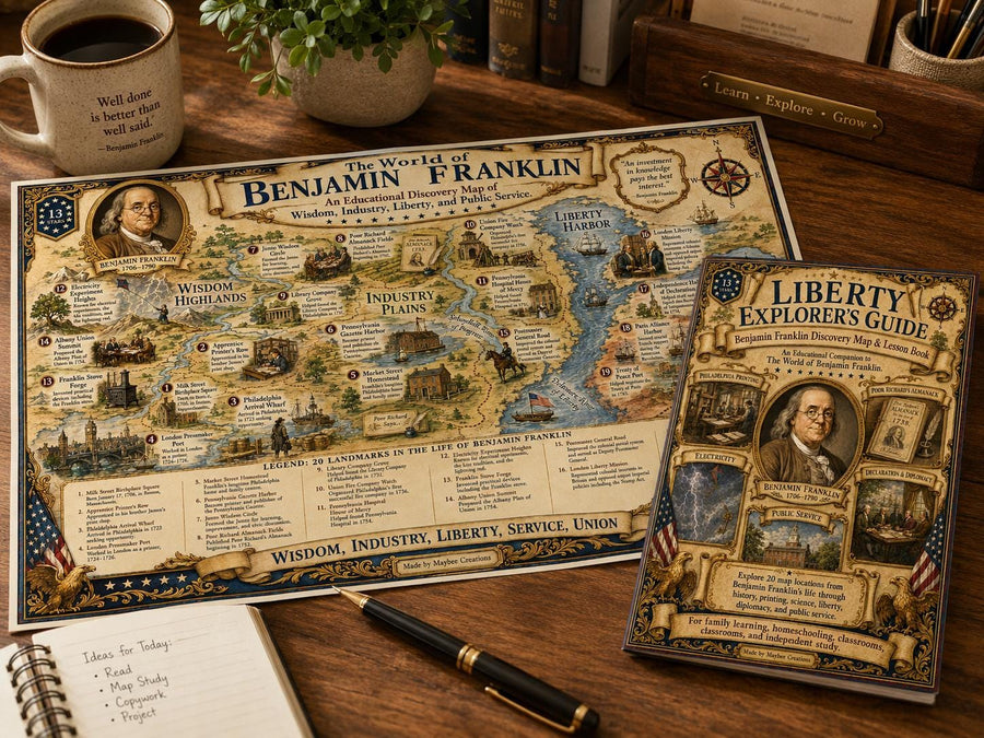 Benjamin Franklin History Map & Guidebook, Founding Father Wall Art, Liberty Explorer Printable