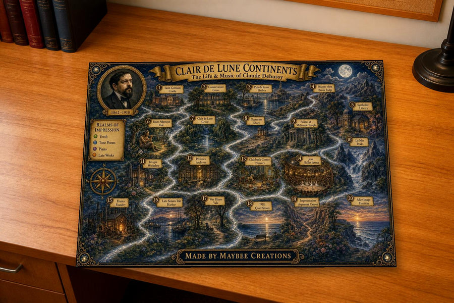 Claude Debussy Discovery Map & Guidebook, Music History Wall Art, Frontier Explorer Printable