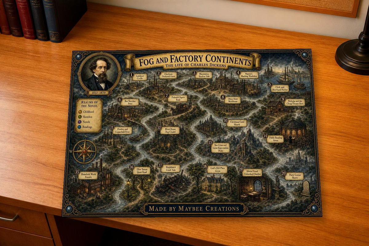 Charles Dickens Discovery Map & Guidebook, Famous Author Wall Art, Frontier Explorer Printable