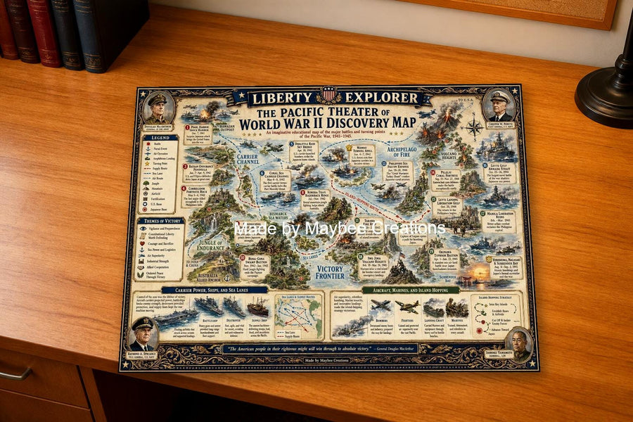 World War II Pacific History Map & Guidebook, Military Classroom Art, Liberty Explorer Printable
