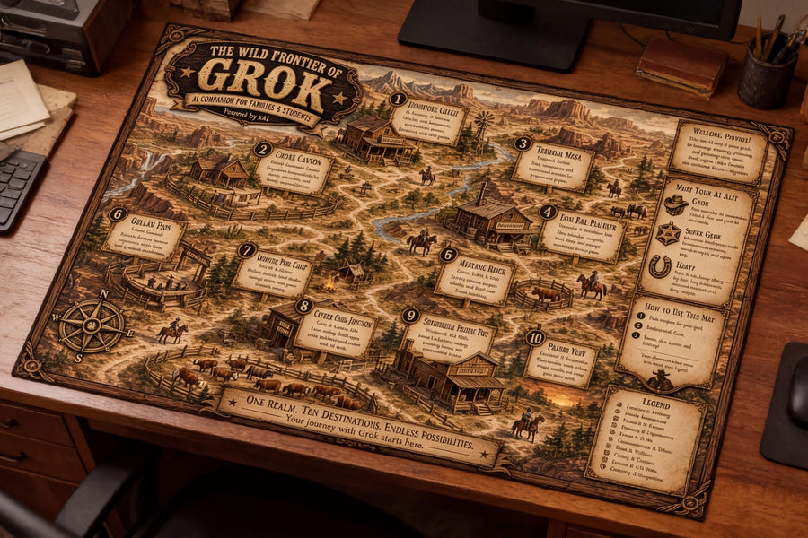 Grok Tutorial Map & Guidebook, AI Learning Wall Art, Tomorrow Explorer Printable
