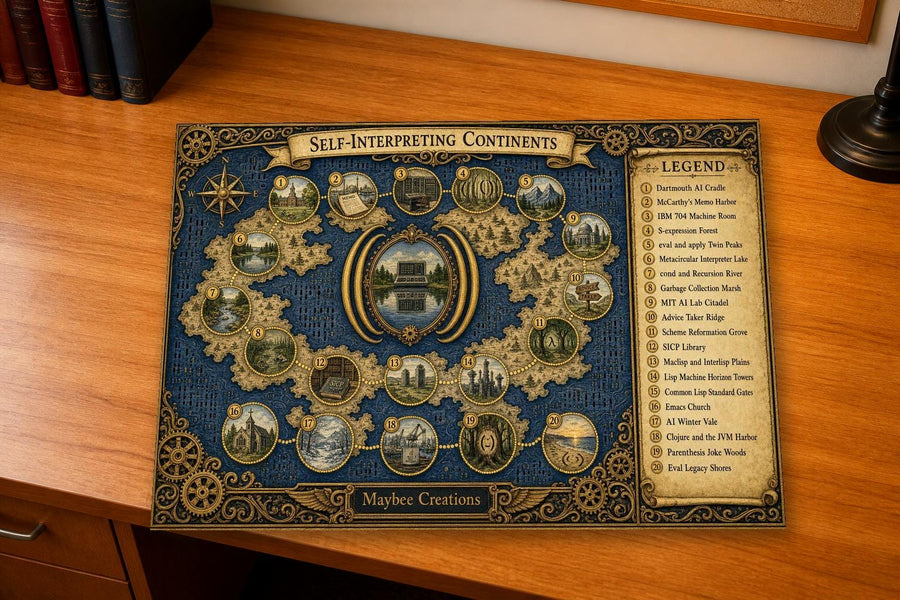 Lisp Discovery Map & Guidebook, Computer History Art, Frontier Explorer Printable
