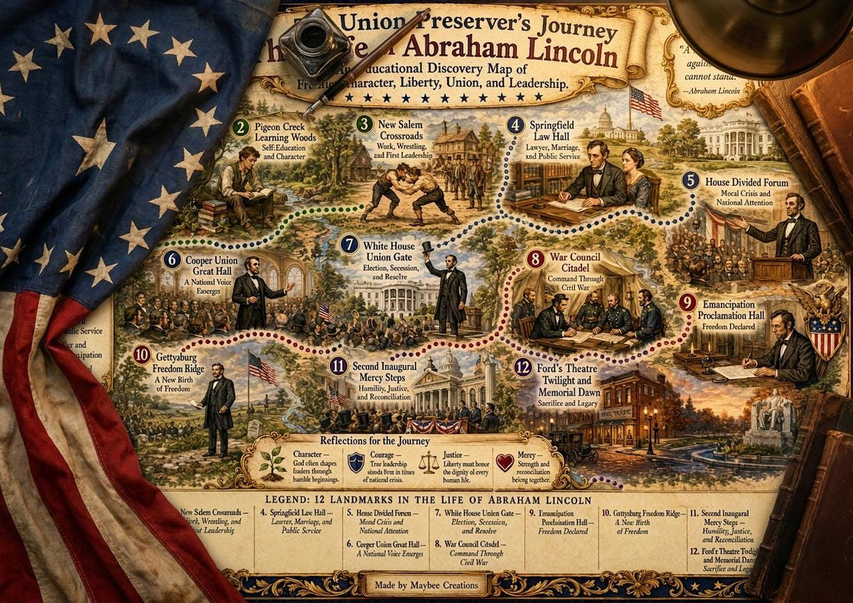 Abraham Lincoln History Map & Guidebook, Presidential Classroom Art, Liberty Explorer Printable