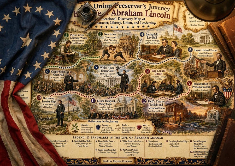 Abraham Lincoln History Map & Guidebook, Presidential Classroom Art, Liberty Explorer Printable