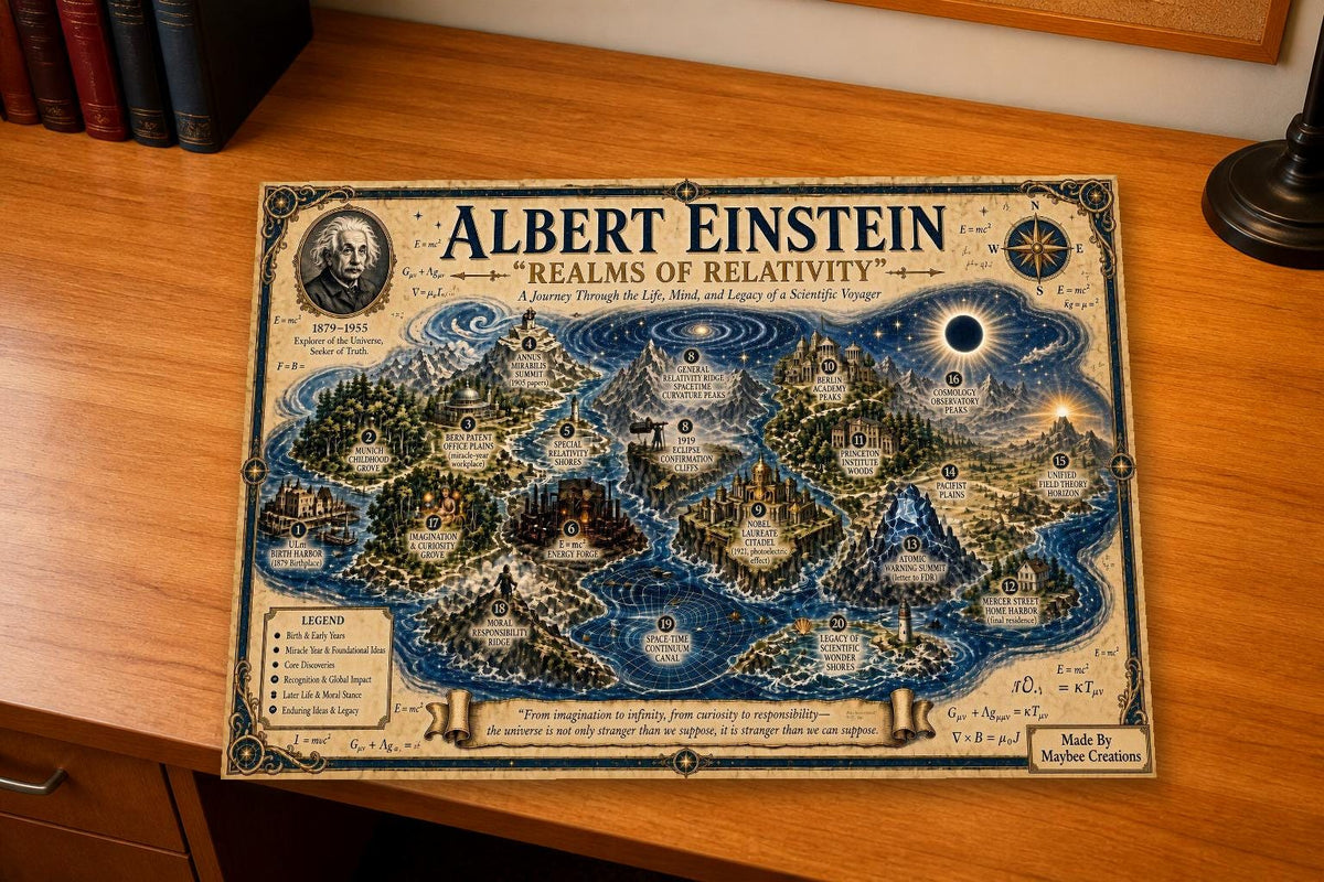Albert Einstein Discovery Map & Guidebook, Science Classroom Art, Frontier Explorer Printable